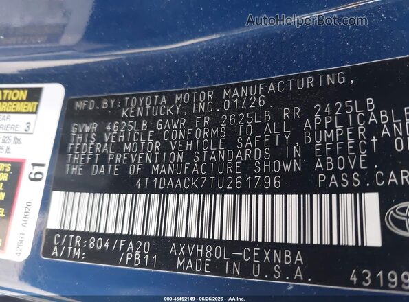 4T1DAACK7TU261796 2026 TOYOTA CAMRY Blue ძრავის განყოფილების ხედი