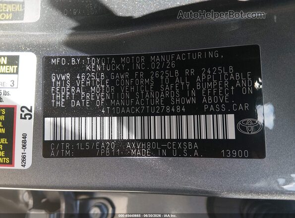 4T1DAACK7TU278484 2026 TOYOTA CAMRY Silver ძრავის განყოფილების ხედი