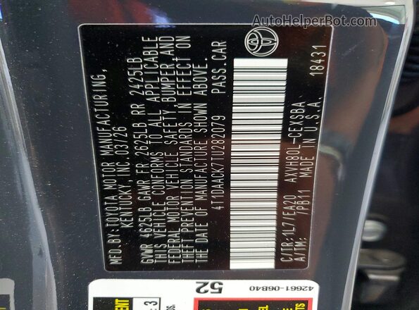 4T1DAACK7TU282079 2026 TOYOTA CAMRY Charcoal Вид наклейки з VIN-кодом