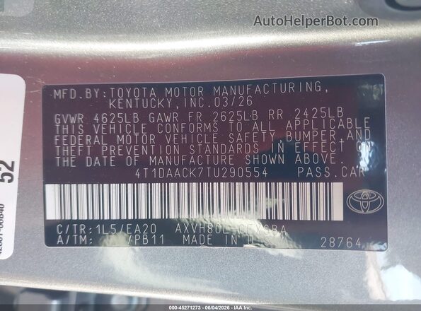 4T1DAACK7TU290554 2026 TOYOTA CAMRY Gray Engine compartment view