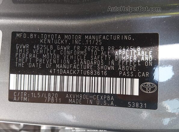 4T1DAACK7TU683616 2026 TOYOTA CAMRY Gray Vista del compartimento del motor