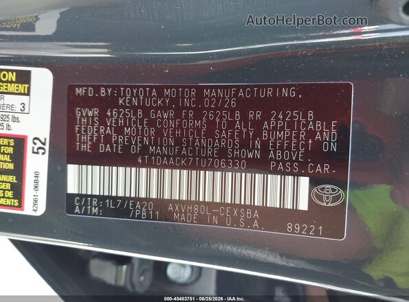 4T1DAACK7TU706330 2026 TOYOTA CAMRY Gray Вид підкапотного простору
