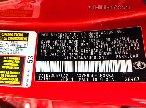 4T1DAACK8SU002913 2025 TOYOTA CAMRY Красный Вид подкапотного пространства