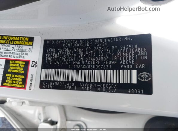 4T1DAACK8SU097831 2025 TOYOTA CAMRY White Vista del compartimento del motor