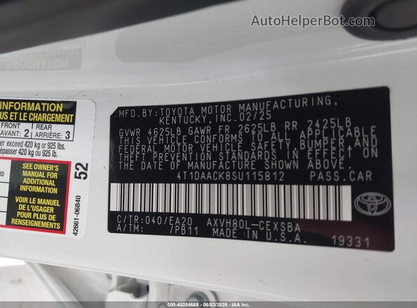 4T1DAACK8SU115812 2025 TOYOTA CAMRY Белый Вид подкапотного пространства