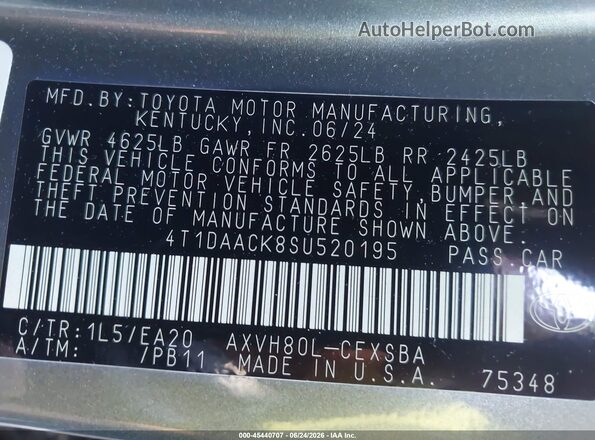 4T1DAACK8SU520195 2025 TOYOTA CAMRY Gray Widok komory silnika