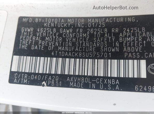 4T1DAACK8SU575701 2025 TOYOTA CAMRY White Շարժիչի բաժամունքի տեսք