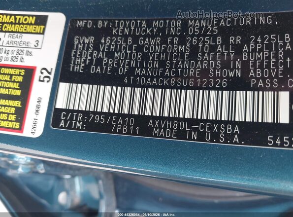 4T1DAACK8SU612326 2025 TOYOTA CAMRY Бирюзовый Вид подкапотного пространства
