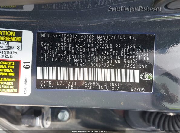 4T1DAACK8SU617218 2025 TOYOTA CAMRY Серый Вид подкапотного пространства