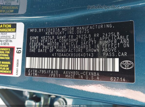 4T1DAACK8SU640143 2025 TOYOTA CAMRY Бирюзовый Вид подкапотного пространства