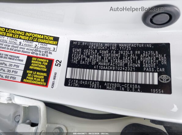 4T1DAACK8TU242321 2026 TOYOTA CAMRY White Շարժիչի բաժամունքի տեսք