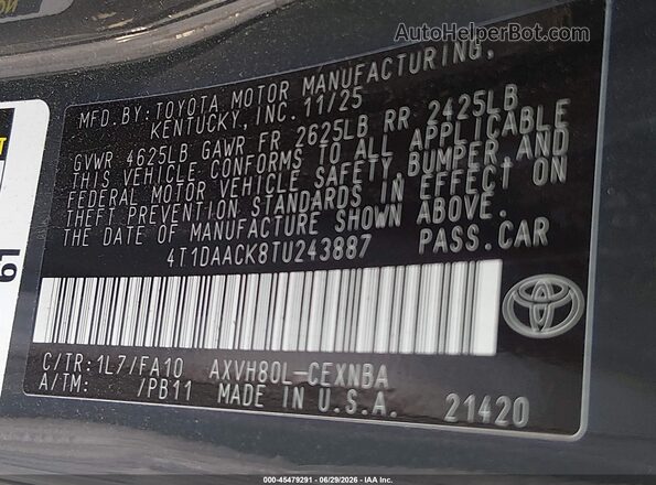 4T1DAACK8TU243887 2026 TOYOTA CAMRY Серый Вид подкапотного пространства