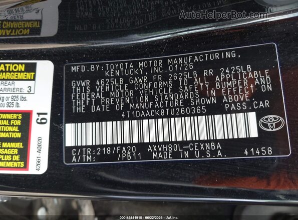 4T1DAACK8TU260365 2026 TOYOTA CAMRY Black Вид підкапотного простору