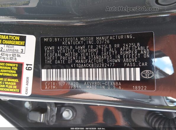 4T1DAACK8TU282477 2026 TOYOTA CAMRY Серый Вид подкапотного пространства