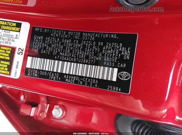 4T1DAACK8TU288277 2026 TOYOTA CAMRY Red Widok komory silnika