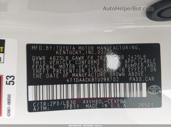 4T1DAACK8TU288702 2026 TOYOTA CAMRY White Շարժիչի բաժամունքի տեսք