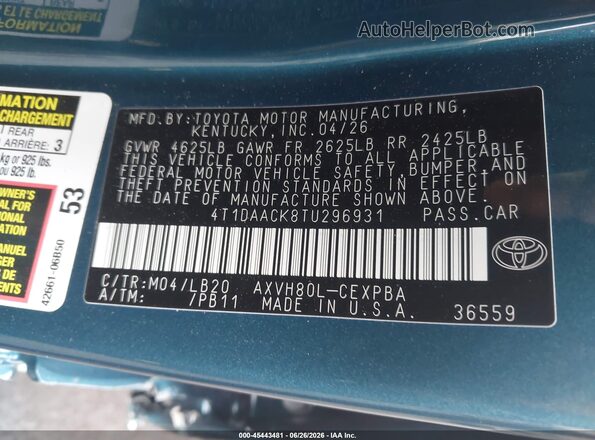 4T1DAACK8TU296931 2026 TOYOTA CAMRY Blue Շարժիչի բաժամունքի տեսք