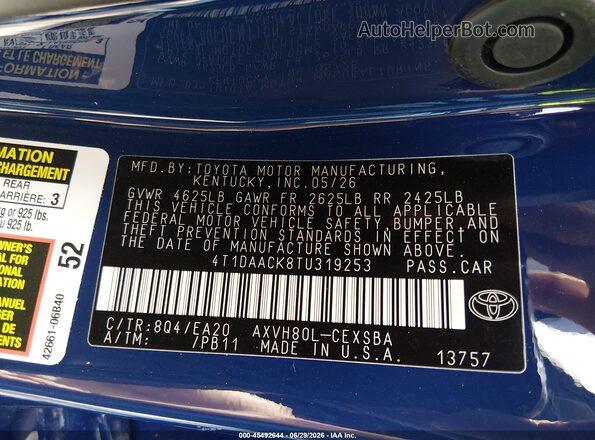 4T1DAACK8TU319253 2026 TOYOTA CAMRY Blue Widok komory silnika