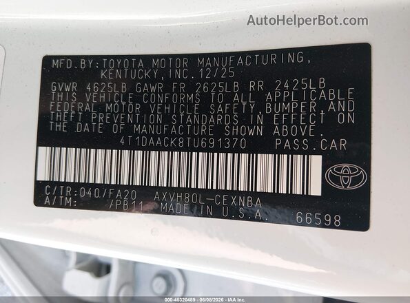 4T1DAACK8TU691370 2026 TOYOTA CAMRY White Շարժիչի բաժամունքի տեսք