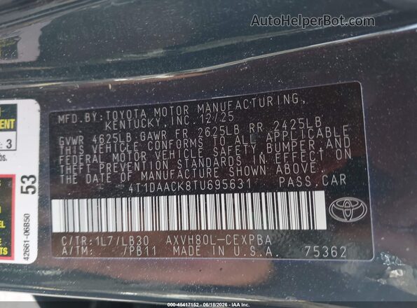 4T1DAACK8TU695631 2026 TOYOTA CAMRY Серый Вид наклейки с VIN-кодом