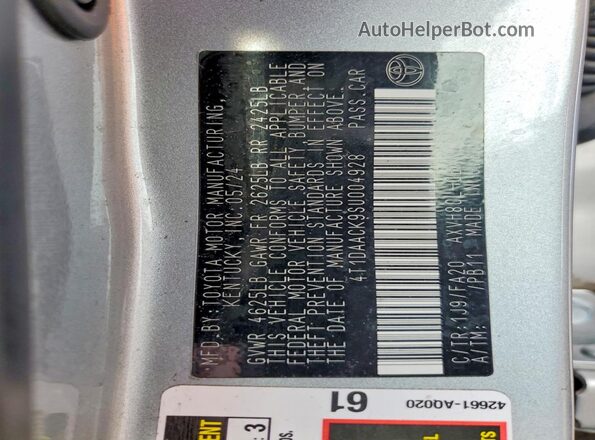 4T1DAACK9SU004928 2025 TOYOTA CAMRY Серебряный Вид наклейки с VIN-кодом