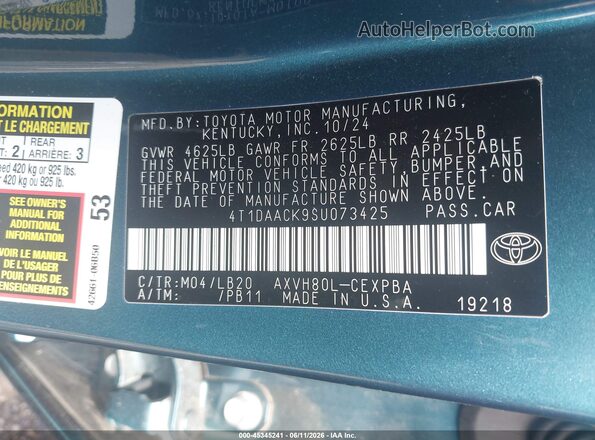 4T1DAACK9SU073425 2025 TOYOTA CAMRY Blue ძრავის განყოფილების ხედი