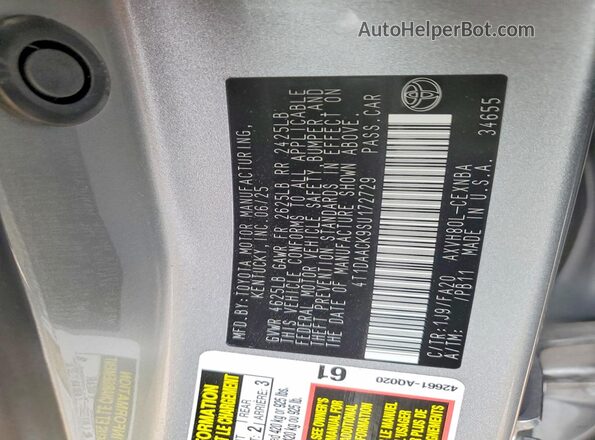 4T1DAACK9SU172729 2025 TOYOTA CAMRY Silver Շարժիչի բաժամունքի տեսք