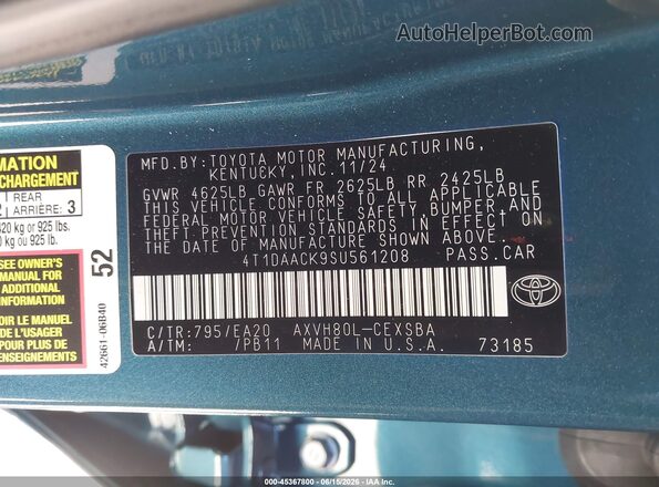 4T1DAACK9SU561208 2025 TOYOTA CAMRY Blue Vista del compartimento del motor