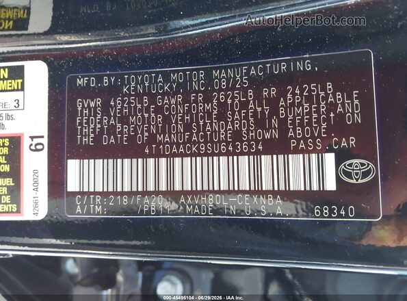 4T1DAACK9SU643634 2025 TOYOTA CAMRY Black ძრავის განყოფილების ხედი