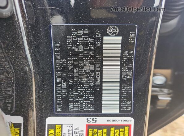 4T1DAACK9TU263324 2026 TOYOTA CAMRY Black VIN კოდის სტიკერის ხედი