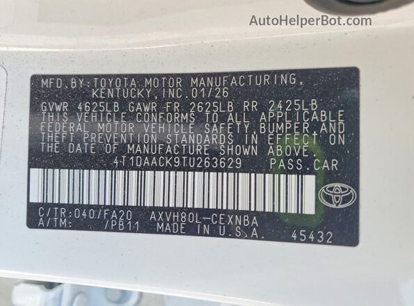 4T1DAACK9TU263629 2026 TOYOTA CAMRY White Engine compartment view