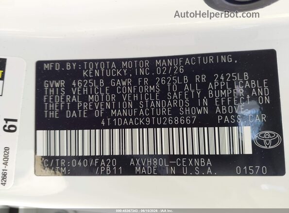 4T1DAACK9TU268667 2026 TOYOTA CAMRY White Շարժիչի բաժամունքի տեսք