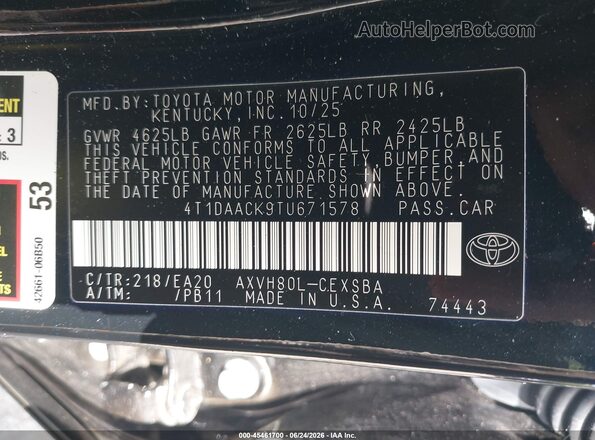 4T1DAACK9TU671578 2026 TOYOTA CAMRY Black ძრავის განყოფილების ხედი
