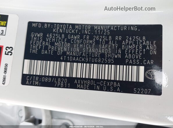 4T1DAACK9TU682595 2026 TOYOTA CAMRY White Вид наклейки з VIN-кодом