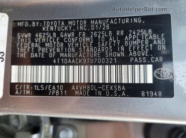 4T1DAACK9TU700321 2026 TOYOTA CAMRY Серый 