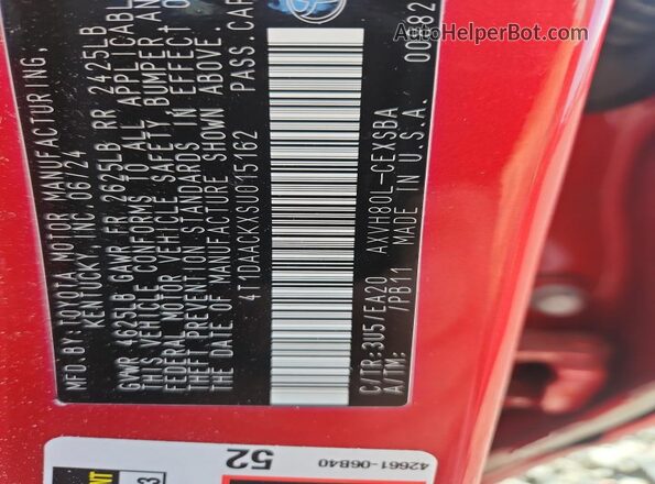 4T1DAACKXSU015162 2025 TOYOTA CAMRY Красный Вид подкапотного пространства