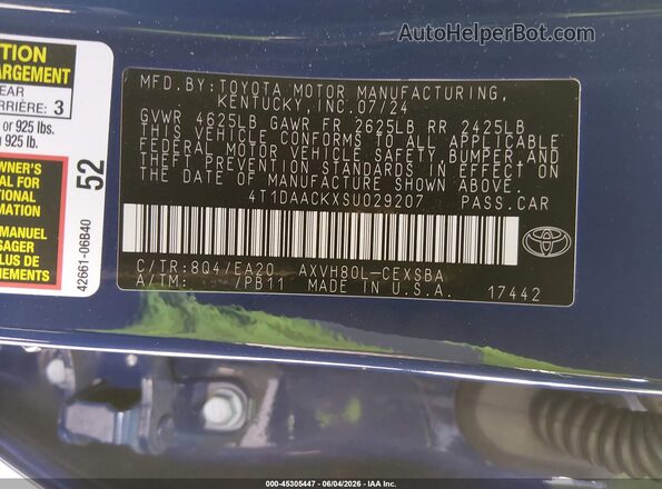4T1DAACKXSU029207 2025 TOYOTA CAMRY Blue Vista del compartimento del motor