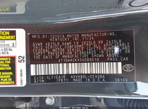 4T1DAACKXSU089519 2025 TOYOTA CAMRY Gray Շարժիչի բաժամունքի տեսք