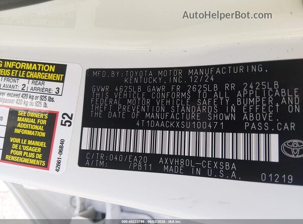 4T1DAACKXSU100471 2025 TOYOTA CAMRY White Вид підкапотного простору