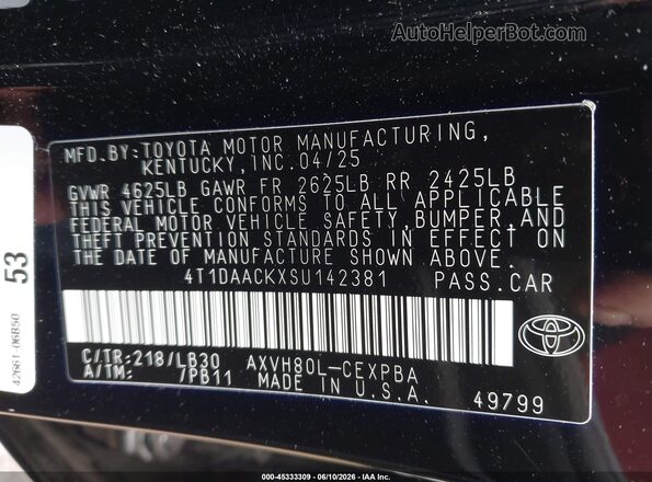 4T1DAACKXSU142381 2025 TOYOTA CAMRY Black ძრავის განყოფილების ხედი