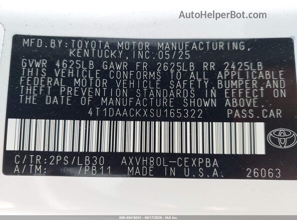 4T1DAACKXSU165322 2025 TOYOTA CAMRY Белый Вид подкапотного пространства