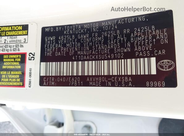 4T1DAACKXSU549102 2025 TOYOTA CAMRY White Vista del compartimento del motor