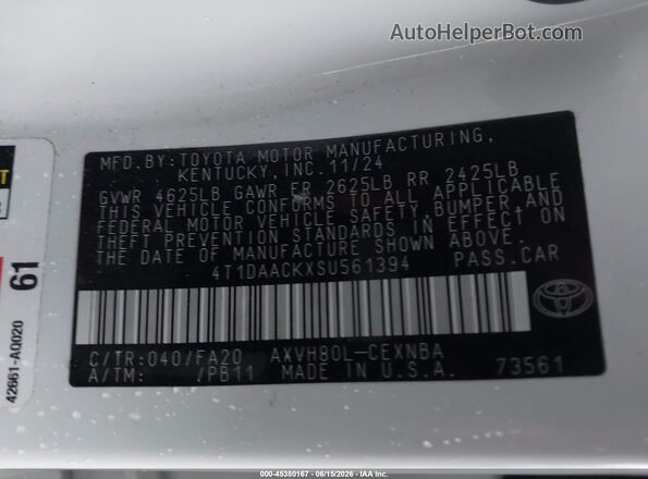 4T1DAACKXSU561394 2025 TOYOTA CAMRY White Engine compartment view