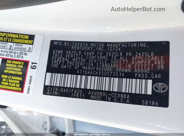 4T1DAACKXSU573514 2025 TOYOTA CAMRY Белый Вид подкапотного пространства