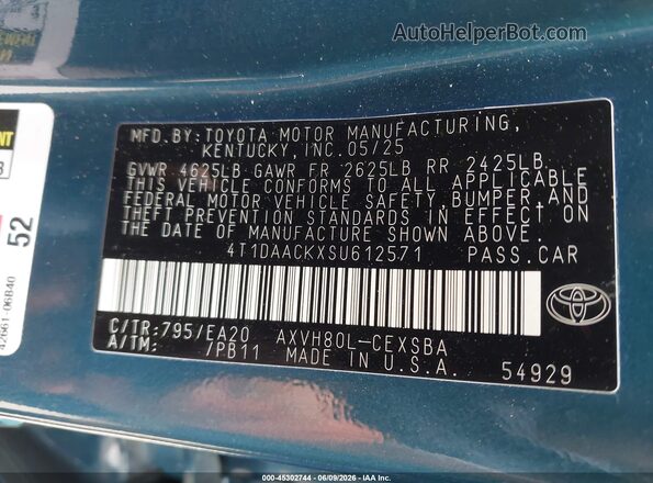 4T1DAACKXSU612571 2025 TOYOTA CAMRY Бирюзовый Вид подкапотного пространства