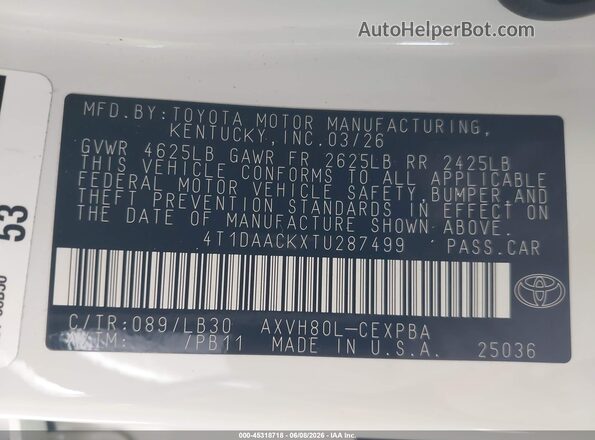 4T1DAACKXTU287499 2026 TOYOTA CAMRY White Vista del compartimento del motor