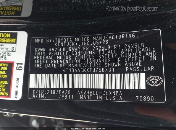 4T1DAACKXTU758731 2026 TOYOTA CAMRY Black ძრავის განყოფილების ხედი
