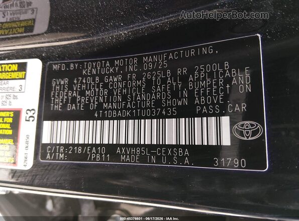 4T1DBADK1TU037435 2026 TOYOTA CAMRY Black Вид підкапотного простору