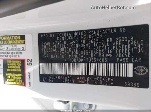 4T1DBADK1TU554685 2026 TOYOTA CAMRY White ძრავის განყოფილების ხედი