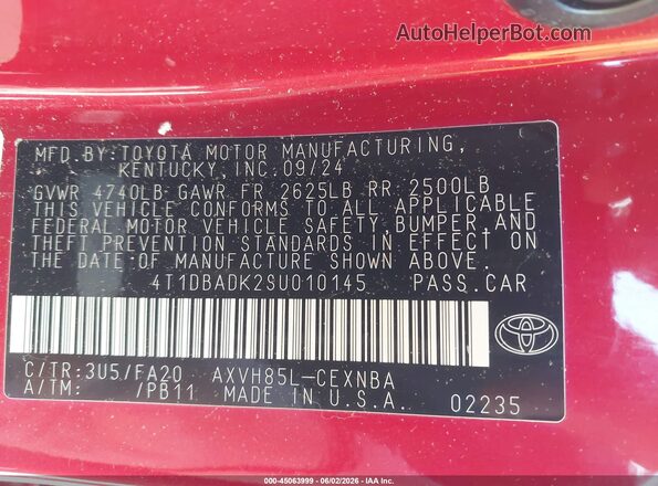 4T1DBADK2SU010145 2025 TOYOTA CAMRY Red Widok naklejki z numerem VIN